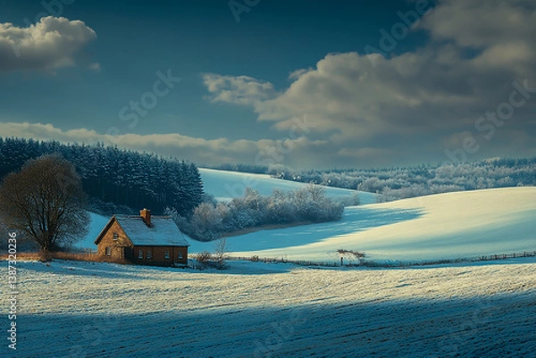 Fototapeta A view of the rolling hills and snowy fields in rural Yorkshire. There is an old farmhouse on one side of the picture with a forested area behind it, on a sunny winter day with a blue sky