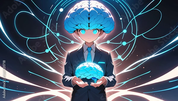 Obraz Businessman Holding Glowing Blue Brain Hologram Representing Artificial Intelligence and Innovation

