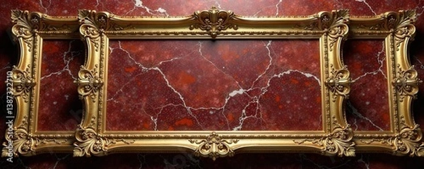 Fototapeta Elaborate golden frame adorned with ornate patterns and filigree resting on a luxurious marble background, golden frame, gold, marble