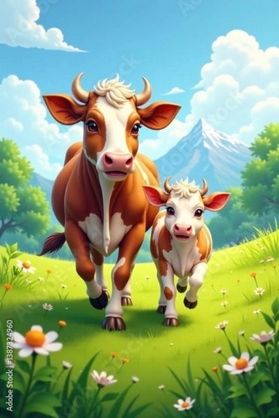 Obraz Vector cow and calf pair running freely in a green meadow with wildflowers , vector illustration, rural scene, farm animals