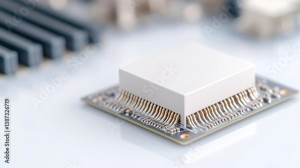 Fototapeta A close-up of a microchip with intricate circuitry on a clean white surface, showcasing modern technology and engineering precision, and studio shot.