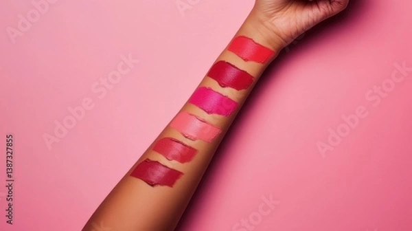 Fototapeta A flat lay of various colorful lipsticks arranged neatly on a marble background with soft natural lighting