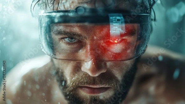 Obraz An intense portrait of a man underwater wearing advanced goggles, illustrating modern technology's intersection with athleticism and determination in pursuing personal goals.