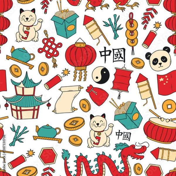 Obraz China doodles seamless pattern, chinese culture cartoon elements wallpaper, print, wrapping paper, background, stationery, etc. EPS 10