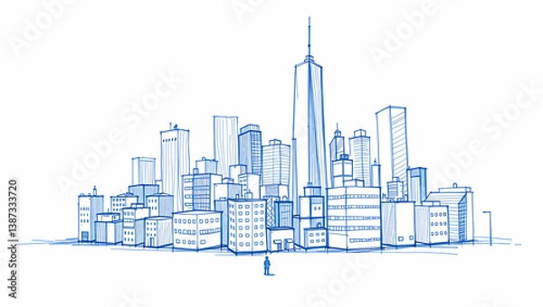 Fototapeta A blue sketch of a cityscape with various buildings and a tiny figure standing below.
