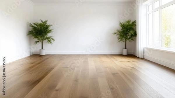 Fototapeta Light-toned hardwood flooring dominates this image. Two potted palm plants flank the room, adding a touch of nature. The composition is simple, with white walls and a large window. The photograph is b