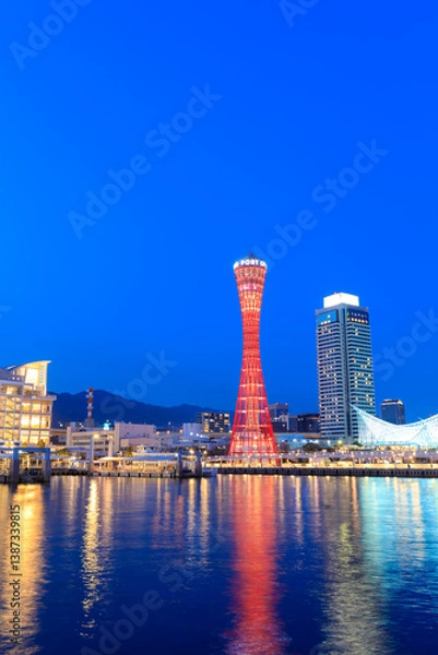 Obraz 夜の春の神戸港　兵庫県神戸市　Spring Kobe Port at Night. Hyogo Pref, Kobe City.
