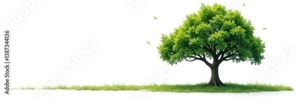 Obraz Leftward extending single tree branch on white ground, green, soil