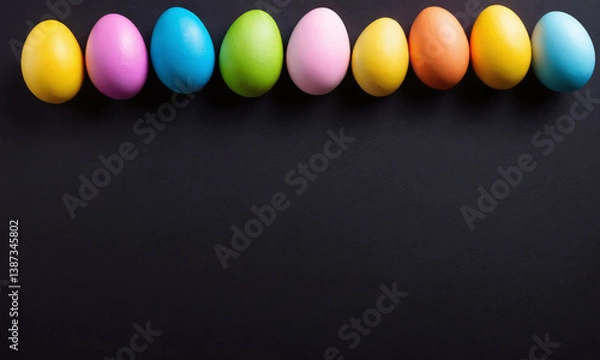 Obraz Brightly colored eggs arranged in a line on a dark surface for an Easter celebration
