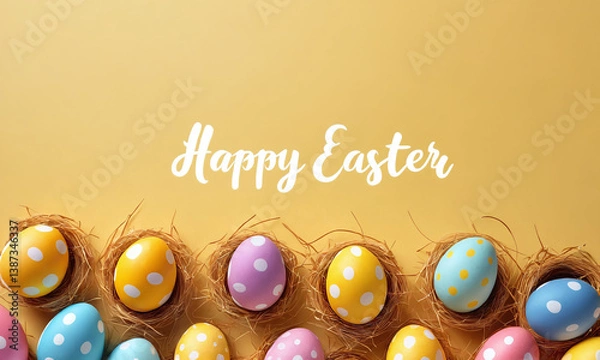 Obraz Colorful Easter eggs arranged beautifully with festive greetings on a vibrant yellow background celebrating the joy of the season