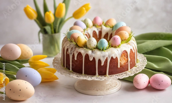 Obraz Colorful spring cake adorned with pastel eggs and fresh tulips in a bright setting