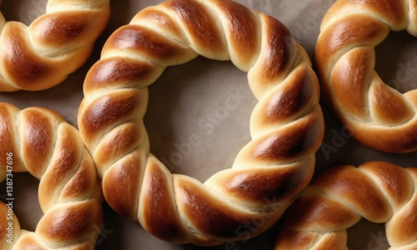 Obraz Twisted bread rings baked to golden perfection on a parchment-lined tray in a warm kitchen