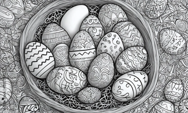 Obraz Colorful Easter eggs arranged in a decorative basket filled with intricate patterns and designs for a festive celebration
