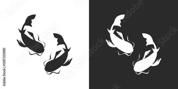 Fototapeta Japanies Koi karp fish silhouette icon set for logo. Vector isolated two Koi karps top view simple minimal line drawing isolated on white and black background.