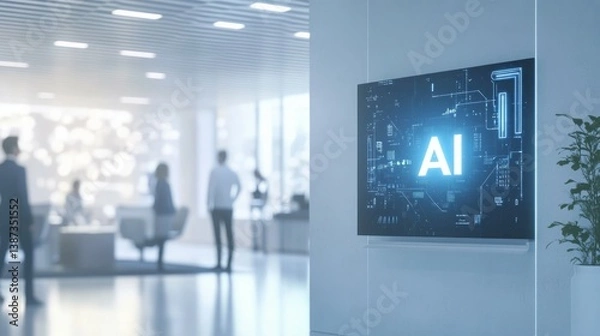 Obraz A minimalist office  with a glowing screen displaying "AI", people in the background having a discussion.