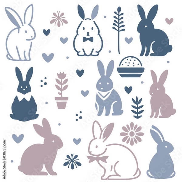 Fototapeta Vector illustration of bunny silhouettes with flowers and hearts for Easter, cute and festive design.