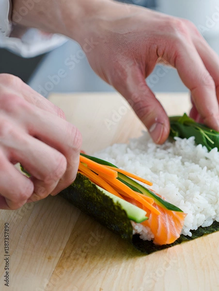 Fototapeta Chef's hands preparing sushi