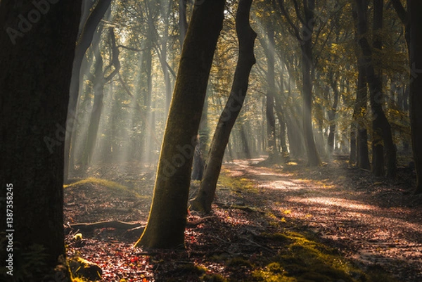 Obraz Moody forests with sun rays through canopy of beech leaves