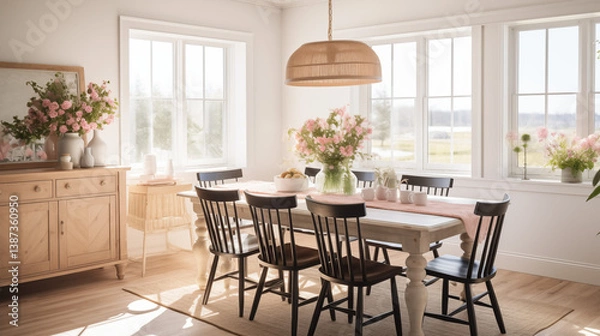 Fototapeta Plan sur une salle à manger rustique, de campagne. Fleurs, bois. Simple, cosy, mignon. Décorations, lumières douces. Pour conception et création graphique.