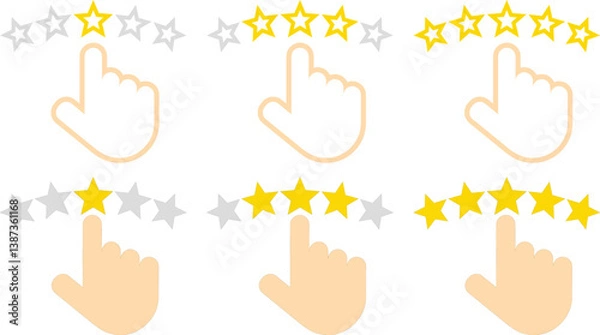 Fototapeta Colorful Five Star rating with click hand icon. Customer satisfaction meter with star. Give Excellent feedback digital review icon. Quality rank set. Best choice illustration. Hand touching for Rating