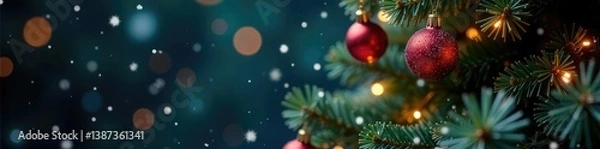 Fototapeta Snowflakes fall gently on a Christmas tree decorated with sparkling lights and ornaments, christmas, festive