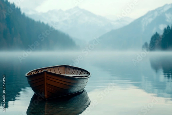 Fototapeta Wooden boat gently rests on a tranquil lake surrounded by misty mountains, serene nature beauty in a hushed dawn.
