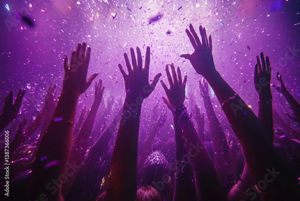 Fototapeta Close up photo of many party people dancing purple lights confetti flying everywhere nightclub event hands raised up wear shiny clothes, Generative AI
