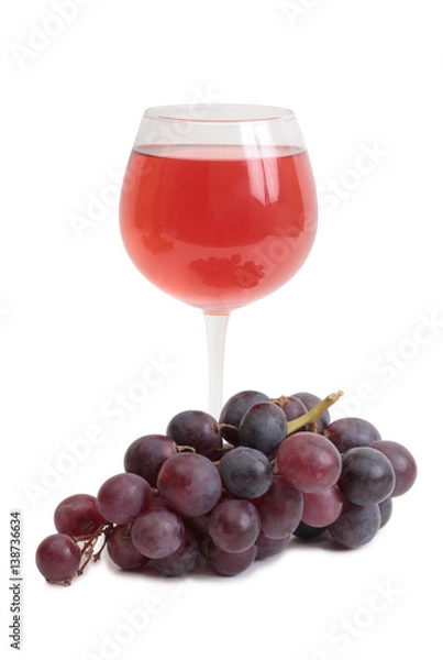 Fototapeta Bottle glass of wine and grapes on white background