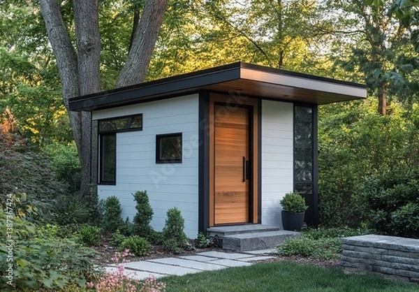 Obraz Modern white and black backyard shed with front doors and wooden step on concrete