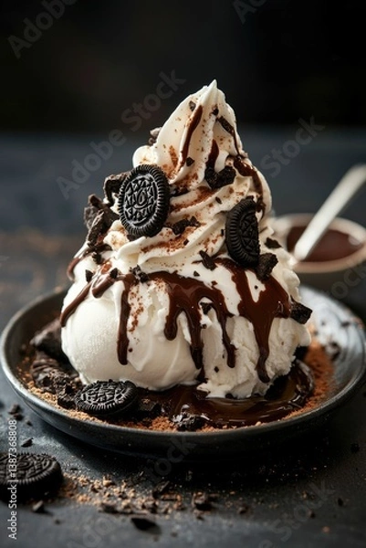 Obraz A scoop of vanilla ice cream generously topped with chocolate chips, cookie crumbles and frosting.