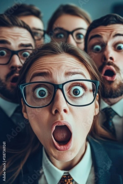 Obraz A group of professionals reacting with surprise and shock in an office setting.
