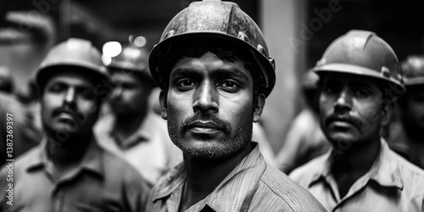 Obraz Man wearing hard hat and reflective vest at industrial construction site. Part of a team of workers, showing professional attire.