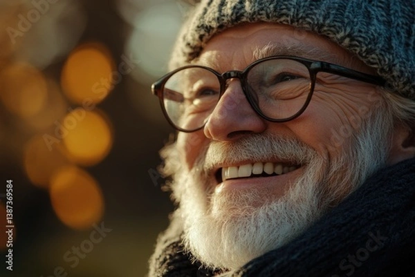 Fototapeta Happy elderly man with a beard smiling outside on an overcast day.
