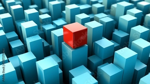 Obraz Red block above light blue blocks, city conceptual