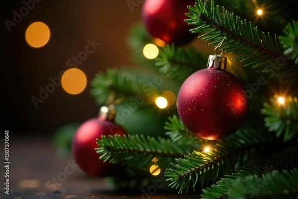 Fototapeta Twinkling lights adorn a sprig of fir with red ornaments, twinkling lights, illuminated, ornaments