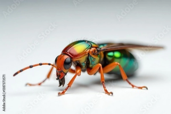 Fototapeta Close-up of colorful insect on pure white background, vibrant, simple