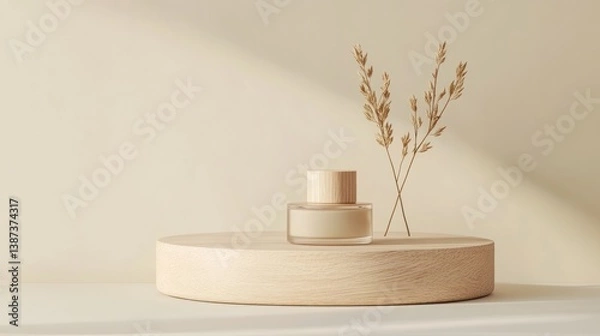 Obraz Beige cosmetic product display, minimalist, natural light