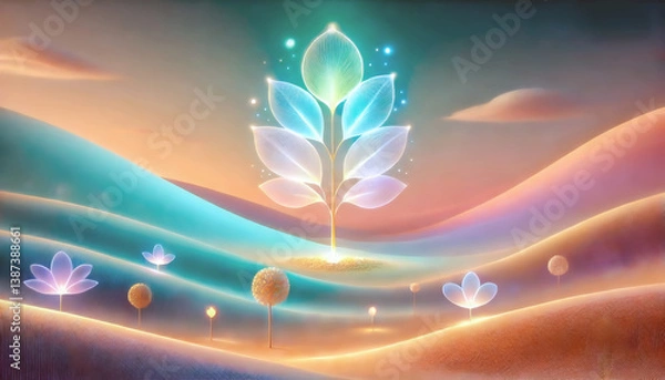 Obraz A glowing, ethereal plant rises in a dreamy pastel landscape filled with soft hills, abstract trees, and floating lights under a peaceful sky.