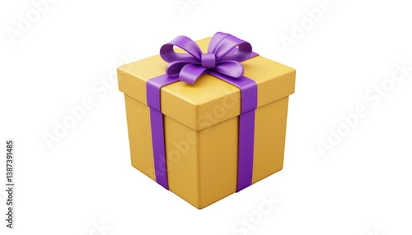 Fototapeta A vibrant yellow gift box topped with a purple ribbon, perfect for any occasion, offering a stylish presentation for gifts and surprises.