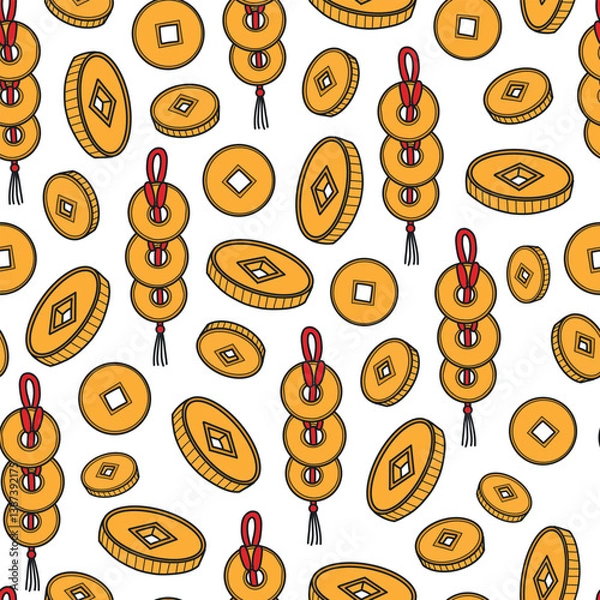 Obraz chinese coins seamless pattern with doodles for prints, wallpaper, wrapping paper, scrapbooking, textile, etc. EPS 10