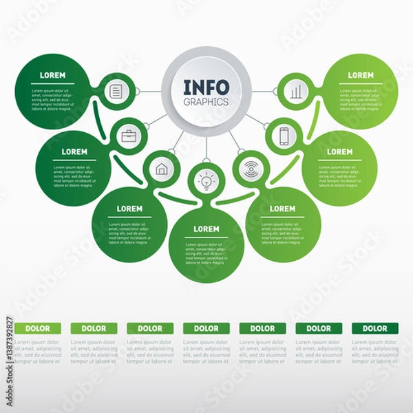 Fototapeta Marketing Plans and Corporate Reports. Eco-Friendly Radial Infographic. 7-Point Hub System with Business Icons and Timeline for Professional Presentations.