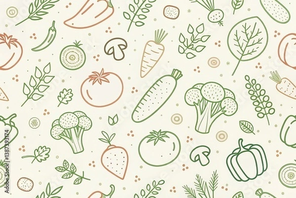Obraz A vibrant garden bounty, a cheerful pattern of fresh vegetables and herbs, in soft earthy greens and browns.