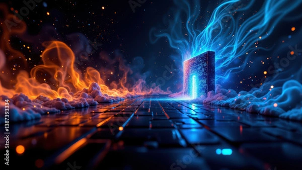 Fototapeta Cybersecurity digital art with fire, smoke, and a shield symbol.