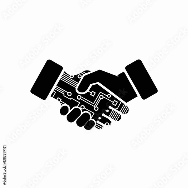 Fototapeta A symbolic handshake features one hand with circuit patterns, representing the integration of technology and human collaboration.