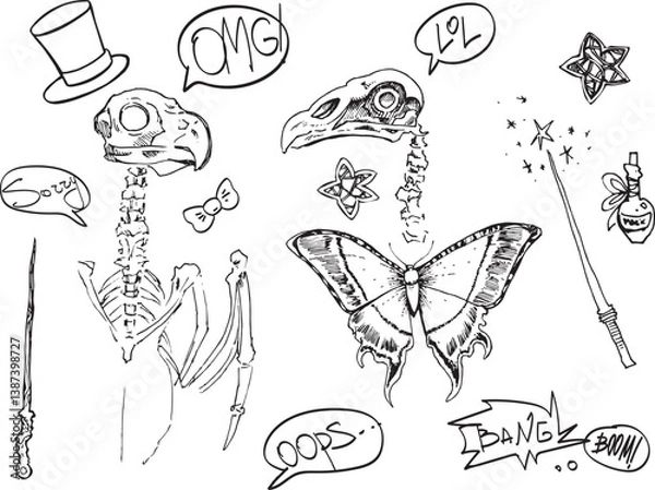 Fototapeta Funny Set Halloween Clipart Sketch llustration butterfly Ink Line drawing comics style speech bubble oops omg sorry bang lol text design element dead bird skull contour spooky magic wand potion bottle