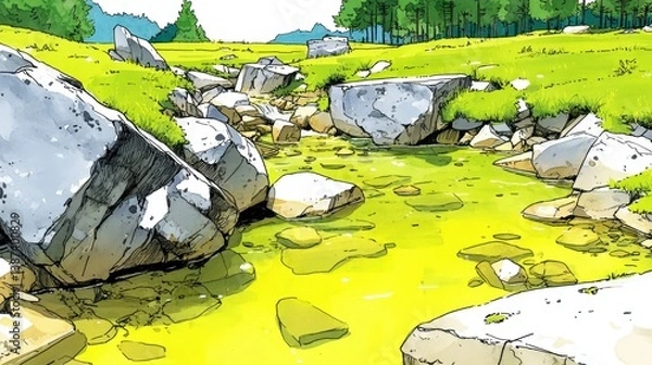 Fototapeta Vibrant green stream flows between grey rocks and lush green grass under a sunny sky.