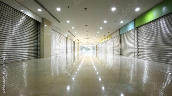 Fototapeta Empty modern shopping mall hallway with bright lighting, reflective floor, and closed stores with patterned doors.