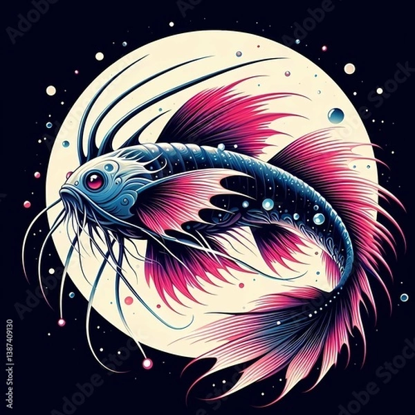 Fototapeta Digital illustration of a vibrant, stylized catfish with glowing red eyes swimming in a surreal, cosmic environment with pink, blue, and purple tones