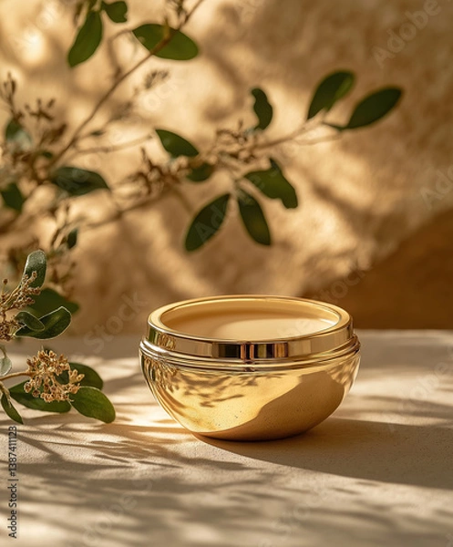 Obraz Stylish gold cosmetic jar green leaves , cream container product mockup.