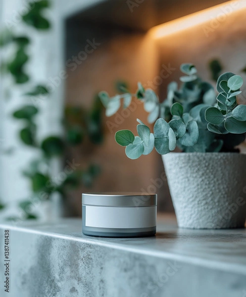 Obraz cosmetic jar cream container with green leaves, skin care natural produck presentation.